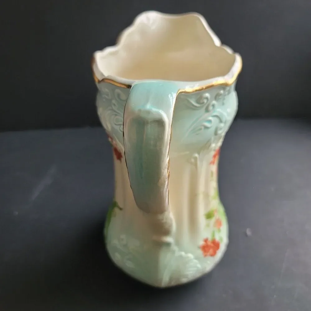 Vtg Pitcher Grandma Core Pitcher Vase Signed RS Prussia Gold Blue 9